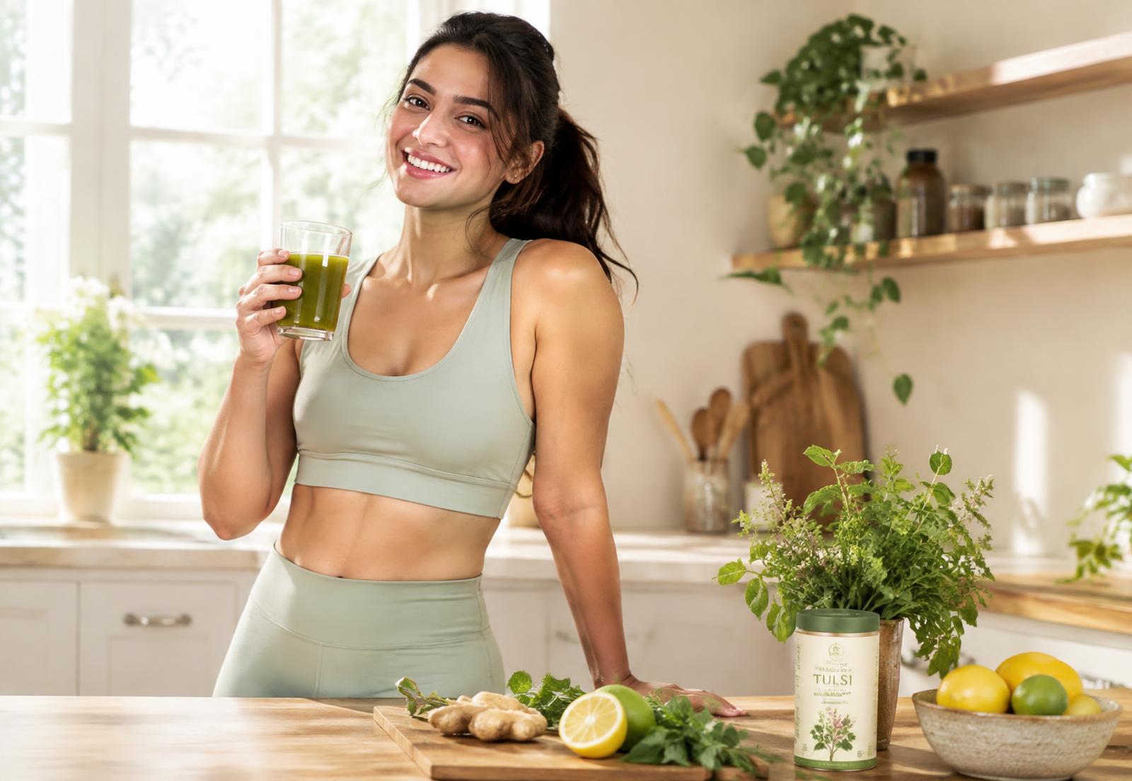 Woman holding a glass of herbal green drink in a sunny kitchen